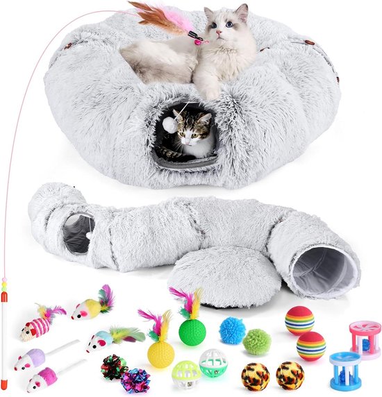 Mfsdai Kattentunnel voor onder de kerstboom met pluche kattenbed, multifunctioneel kattenspeelgoed, kattentunnelbed met hangende bal en kijkgat voor konijnen en fretten