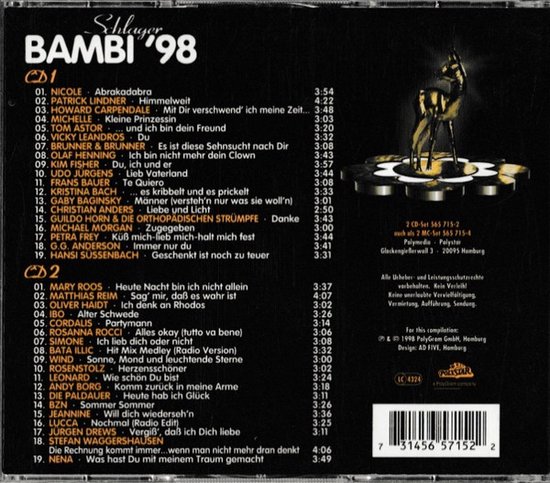 Albumhoes 'Schlager Bambi '98' met CD-tracklijsten, artiesten en nummers. Bevat 2 CD's met Nederlandse en Duitse Schlager muziek uit 1998.