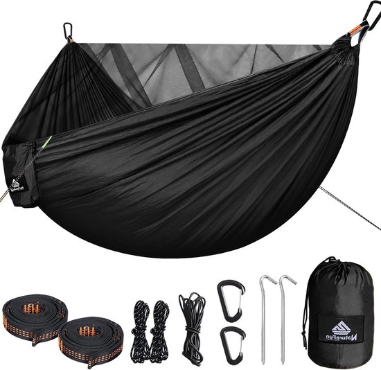 NatureFun ultralichte hangmat voor kamperen en reizen, draagvermogen 300 kg, 300 x 200 cm, ademend, nylon voor parachutes, 2 premium karabijnhaken, 2 nylon riemen inbegrepen