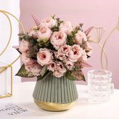 Kunstbloemen-Nepbloemen-Zijden Boeket-18 Pioenroos bloem –49cm hoog - doe-het-zelf boeket – DIY –Bruiloft-Decoratie–Extra 2m led-Donker roze-2stuks