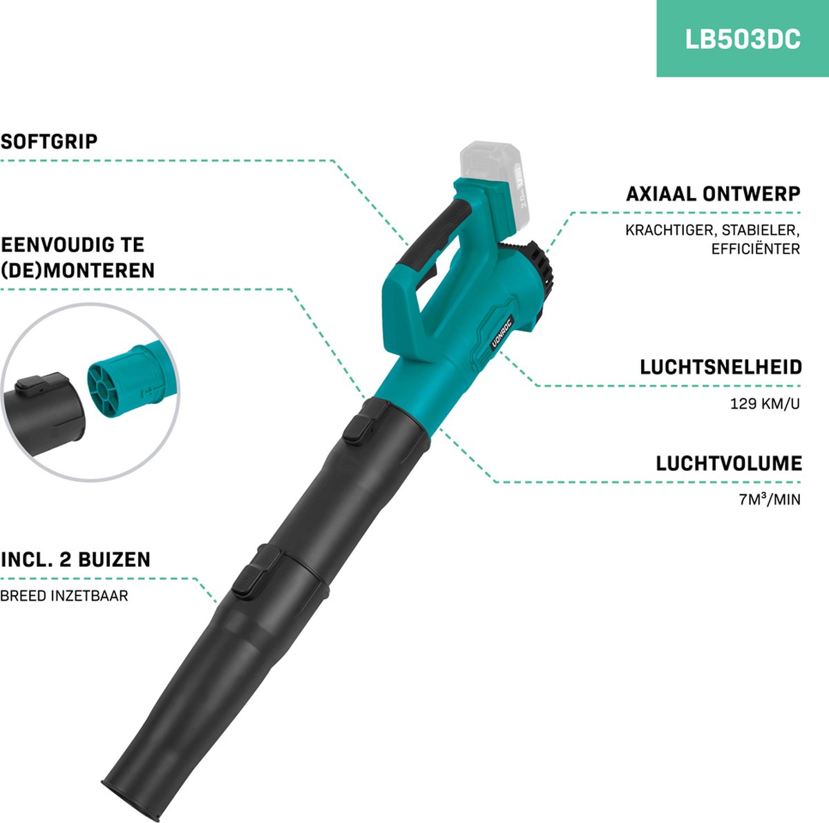 VONROC TurboJet Bladblazer 20V - Axiaal design: zeer krachtig, hoog rendement - Luchtvolume 420m3/uur - Excl. accu & lader – foto 3
