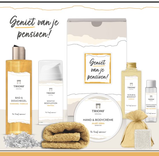 Foto: Geschenkset geniet van je pensioen 7 producten 850 gram triomf original giftset voor haar gestopt met werken luxe wellness cadeaubox vrouw cadeaupakket afscheid collega werknemer medewerker geschenk pakket gift set goudgeel