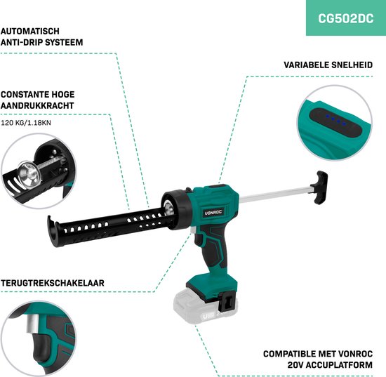 Turquoise en zwarte VONROC kitspuit CG502DC met auto anti-drip systeem, variabele snelheidsregeling en terugtrekknop.