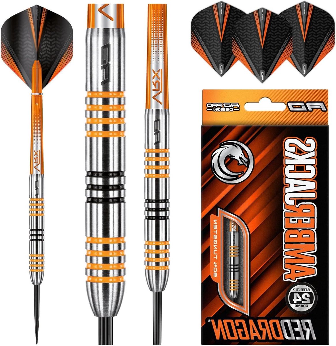 Amberjack Serie Dartset - Met Flights en Schachten (Stems) - Rood Dragon