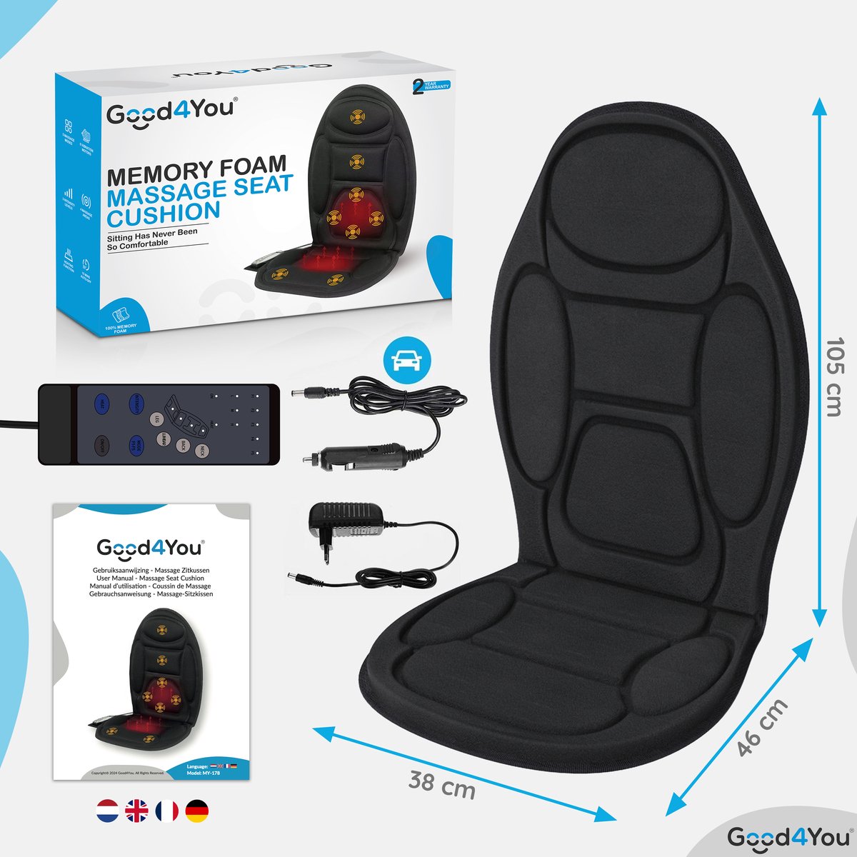 Good4You Massagestoel Auto - Massagekussen - Massage apparaat - Rug - Infrarood - Verwarmingsfunctie - Zwart – foto 8