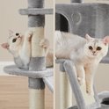 Deux chats jouent sur un arbre à chat gris avec un griffoir.