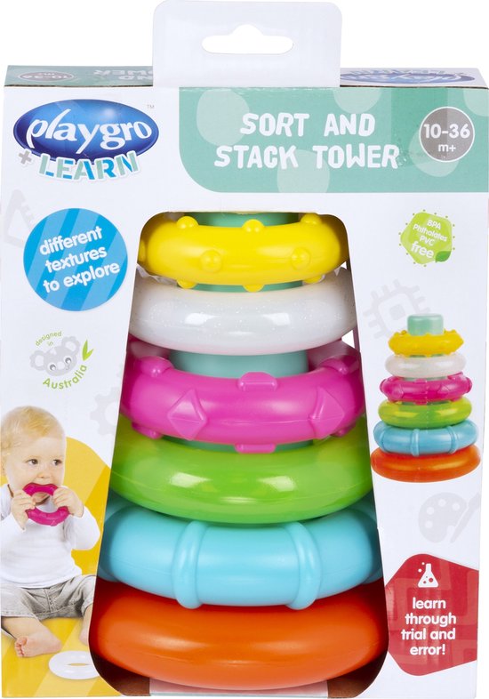 Playgro Sorteer- en Stapeltoren – Educatief Speelgoed – Speelgoed Baby - Speelgoed 1 jaar - Baby speelgoed - Interactief speelgoed Baby - Kraam Cadeau