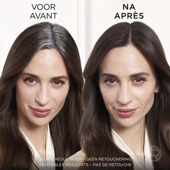 Een vrouw met donkerbruin haar voor en na het gebruik van L'Oréal Paris Magic Retouch, toont een natuurlijk resultaat.