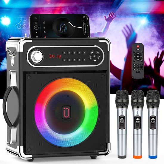 GTSK12-2 Karaoke machine met 2 draadloze microfoons voor kinderen, 12 inch, draagbare bluetooth-PA-installatie, complete set, luidspreker voor volwassenen, muziekbox, DSP-opname, Raido FM/TWS/USB-C