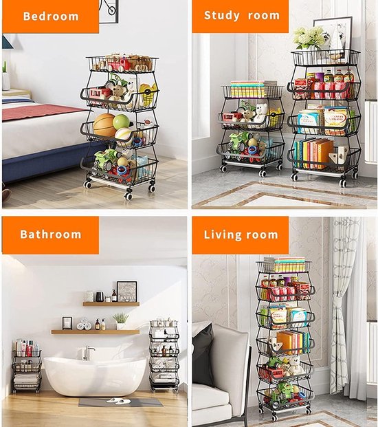 Metalen Draadmanden Met Wielen - Stapelbare Opbergorganizer Met Houten Blad - Keuken & Badkamer