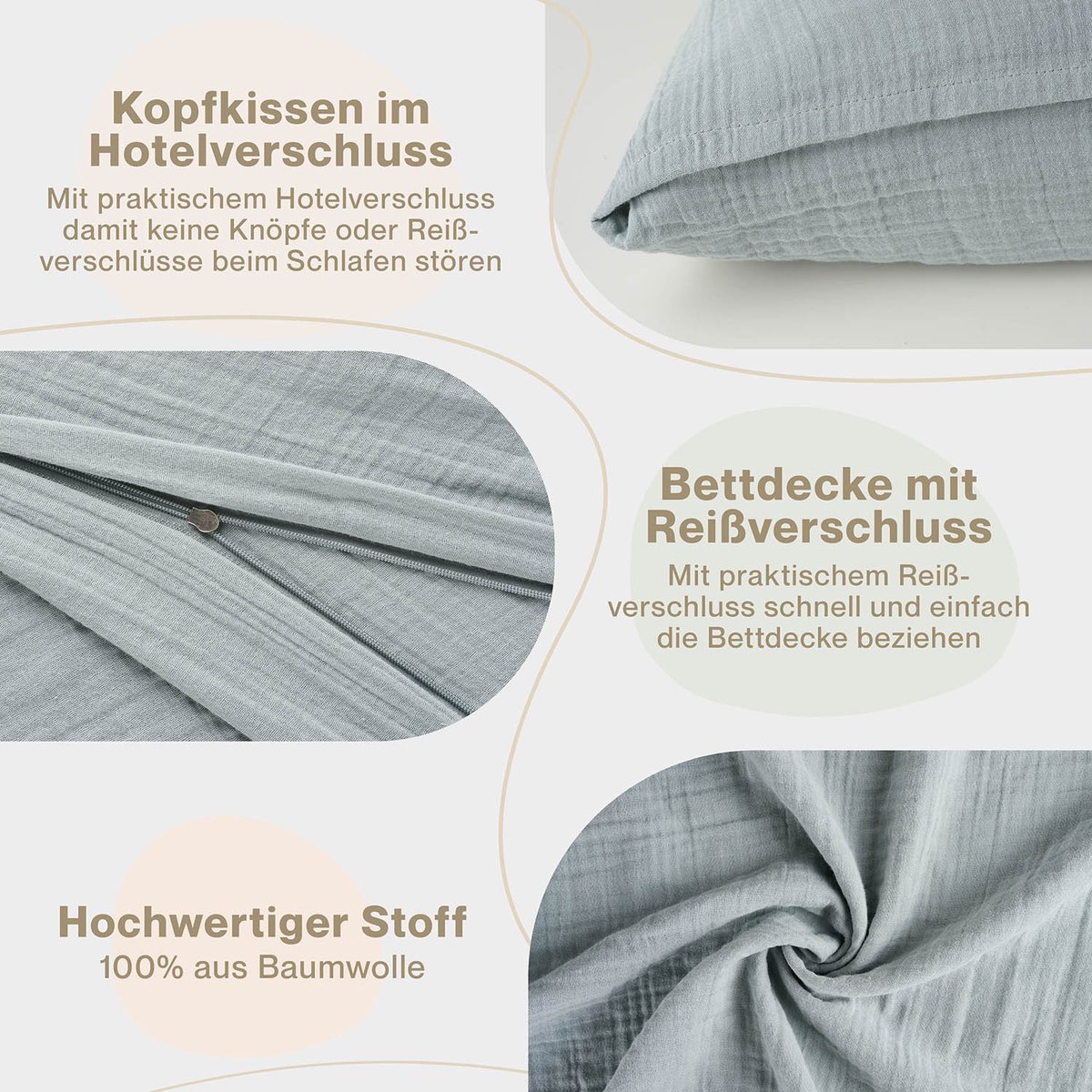 Blumtal Mousseline Dekbedovertrek 135 X 200 Cm OEKO TEX Gecertificeerd Katoen Beddengoed Kussensloop 40 80 Zomer Beige 761055082