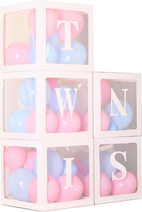 Foto: Vijf doorzichtig letter ballon blokken twins wit met 30 blauwe roze en witte ballonnen tweeling twins ballon boxen decoratie babyshower genderreveal
