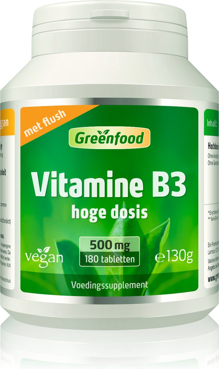 Goedkoopste Greenfood Vitamine B3 (niacine), 500 mg, hooggedoseerd, 180 tabletten, veganistisch - Zonder kunstmatige toevoegingen. Zonder genetische manipulatie. ATTENTIE Flush effect..