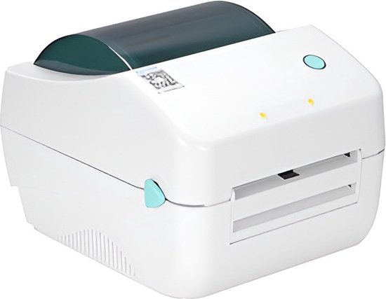 Witte labelprinter met donkergroene deksel, blauwe knop en uitgang voor labels.