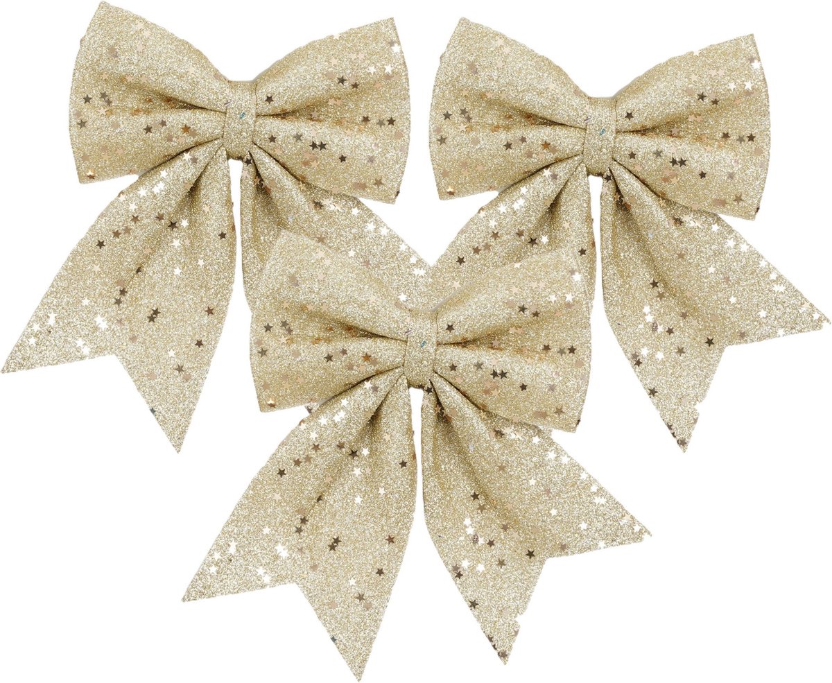 House of Seasons Kerst strik ornamenten - 3x - champagne - 20 x 24 cm - polyester - kerststrik