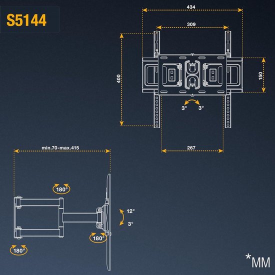 RICOO TV muurbeugel TV draaibaar kantelbaar voor 30-55 inch, universele tv- beugel S2644, televisiebeugel voor muur, muurbeugel TV 55 inch, tot 30 kg met max. VESA 400x400 mm