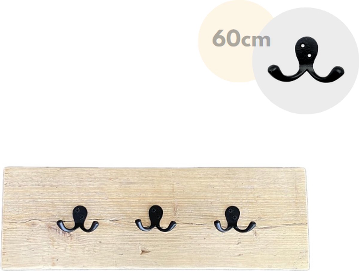 Wandkapstok - Kapstok - 3 haken - Wandplank - Kapstok haken zwart gietijzer - Steigerhout - 60 cm