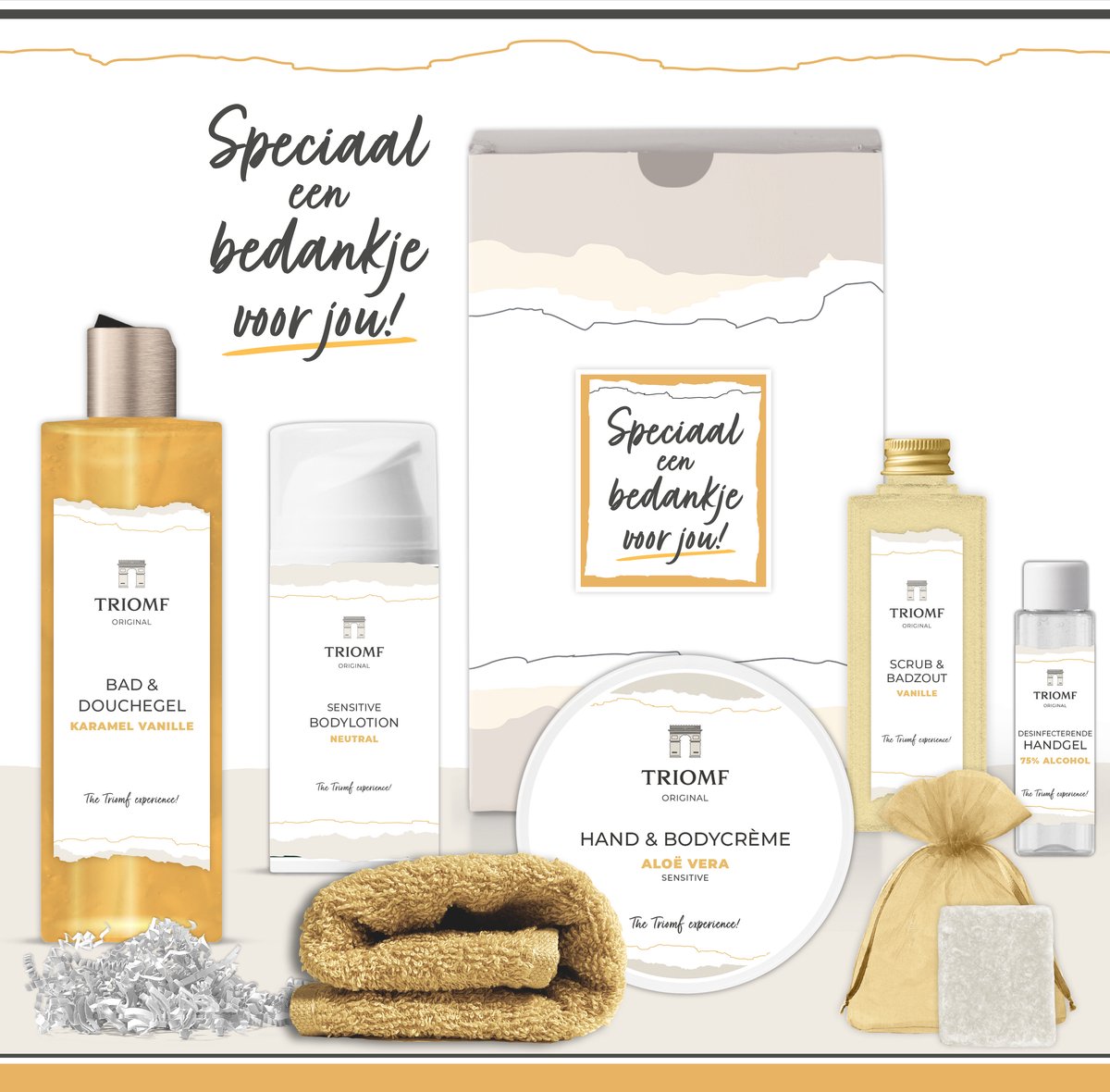 Goedkoopste Geschenkset “Speciaal een bedankje voor Jou!” - 7 producten - 850 gram | Triomf Original - Giftset voor haar - Bedankt Cadeau Pakket - Geschenk Luxe wellness cadeaubox - Cadeaupakket Vrouw - Gift Set Goede hulp Collega Zorgwerk Vrijwilliger Goud Geel