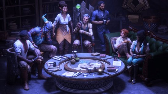 Zes personages zitten rond een tafel in een kamer. Een blauw personage met hoed leunt naar voren, een man met grijze baard zit rechtop.