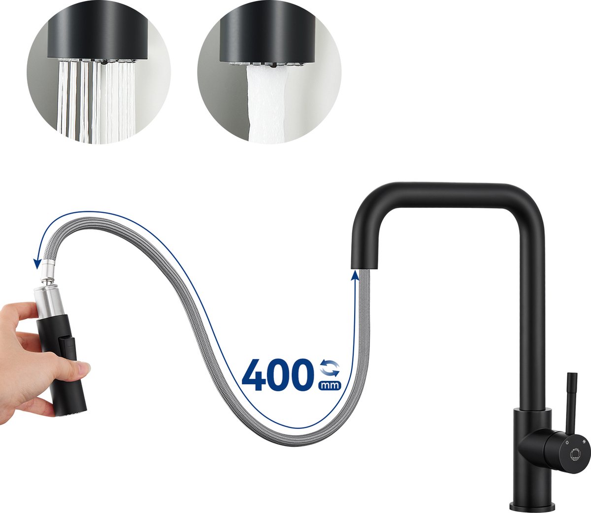 CECIPA Hogedruk keukenkraan, zwart, uittrekbaar met 2 waterstraalsoorten, 360 graden draaibaar, spoelbakarmatuur met douche, eengreepsmengkraan, keuken