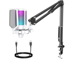 FIFINE - A6T - Wit - USB Studio microfoon - PC-Gaming Met Flexibele Arm ( 66cm! ) - Geschikt voor PC/PS4/PS5 - RGB - Podcast - Gaming - Streaming - Zwart