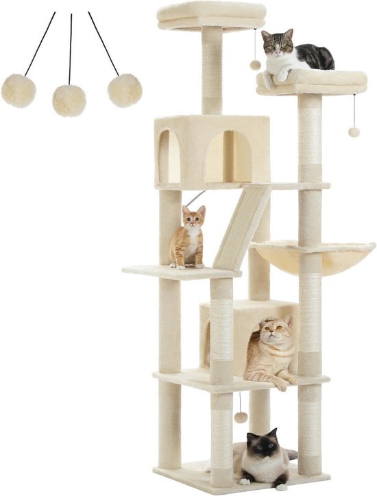 Globlazer Kratzbaum Beige XXL für 4-6 Große Katzen hoch 203 cm mit 3