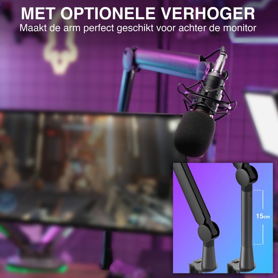 Bras de microphone noir avec rehausseur de 15 cm, idéal pour le placement derrière un moniteur.