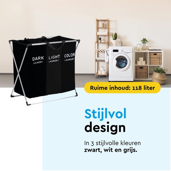 Wasmand 3 vakken - Was sorteerder - Optioneel met wielen - Uitschuifbaar met plank
