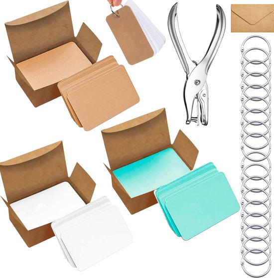 300 Stuks Blanco Kraft Kaarten met 20 Klikringen, Papier Gaatjestang & 5 Enveloppen - Flashcards in Bewaarbox - Systeemkaarten en Ringen - Karton Flitskaarten - Cadeaulabels/ Bedankt Kaartjes - Lege Wenskaarten\Naamkaartjes - Kleine Verjaardagskaart