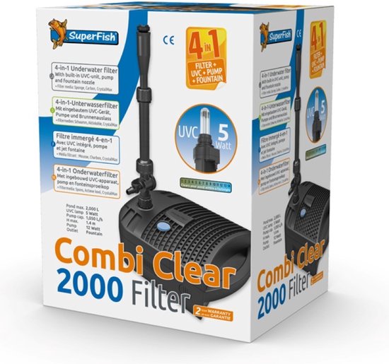 Grijze SuperFish Combi Clear 2000 filterverpakking met uitleg over de 4-in-1 functie, UVC 5 Watt en afbeelding van vissen.
