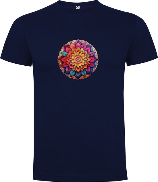 Donker Blauw T-Shirt met “Kleurrijke mooie Mandala “ Print Full Color Maat 4XL