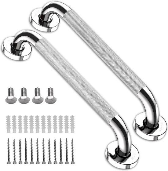 Wandbeugel - Extra Grip - Handgreep/Wandgreep Voor Badkamer/ Douche/Toilet - 30cm - 2 Stuks - Toiletbeugel - Badgreep - Douchegreep - Non-Slip Grab Bar - Badkamer Handvat - Badkamer - Keuken - Trap - Meubelbeslag - Inclusief Ophangmateriaal - Zilver