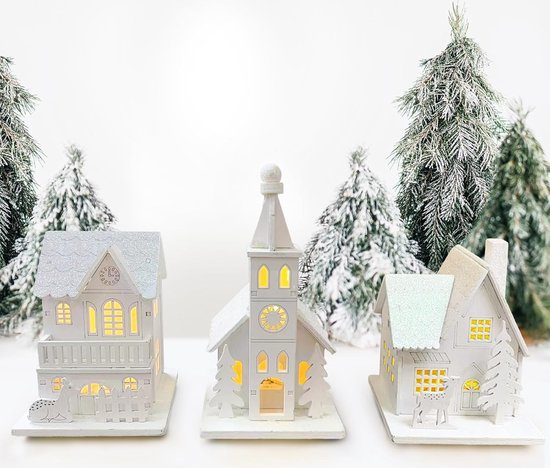 DUCUT Mini kerstdorp, kerststad, kerstdorp met verlichting, kerstlichtend houten huis, lichtgevend huisje, houten bureau-ornamenten voor kantoren en winkels DUCUT Mini kerstdorp, kerststad, kerstdorp met verlichting, kerstlichtend houten huis, lichtgevend huisje, houten bureau-ornamenten voor kantoren en winkels