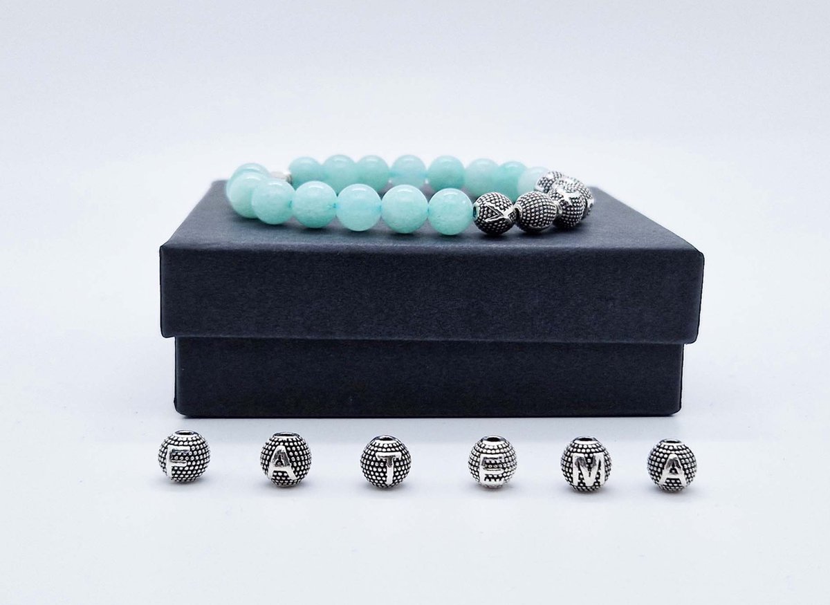 Handgemaakte Natuurstenen armband met metaal naam "AAA Amazonium" - Met je naam of de naam van uw geliefde- 8 mm diameter van de korrel- Diameter armband 20 cm - Een mooi cadeau voor familie en vrienden