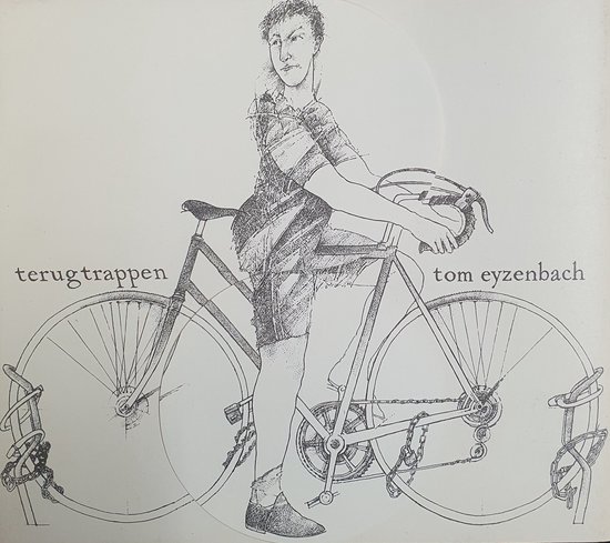 Een schets van een persoon die op een fiets staat, met 'terugtrappen' links en 'tom eyzenbach' rechts.