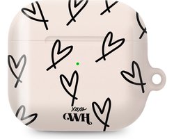 xoxo Wildhearts hoesje geschikt voor AirPods 4 - All Yours - Ook als telefoonhoesje verkrijgbaar - schokbestendige case - koptelefoonhoesje - Glimmende afwerking - Beschermhoes met hartjesprint - hartjes - Beige - Zwart