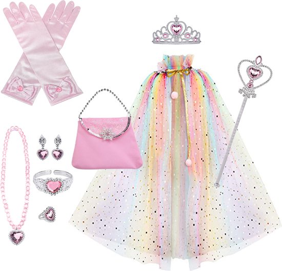 Loha-party®11 stuks Princes verkleed set-verkleedcape-Regenboog jurk-Carnaval kleeding-verjaardag cadeau-kinder cadeau kit- jurk-Prinsessencape-Crown-Wand-Handschoenen-Oorbel-Ring-armband-handtas-verjaardag-feestartikelen-accessoires-11stuks