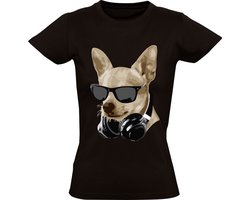 Chihuahua met een zonnebril Dames T-shirt - dieren - muziek - dj - koptelefoon - music - hond - huisdier - humor - grappig