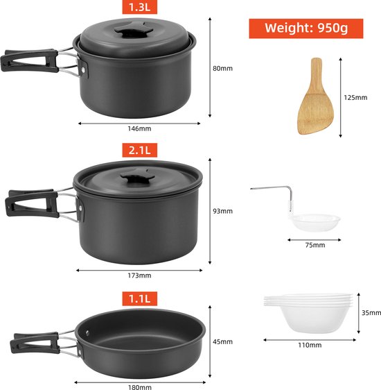 18-delige Campingset - Lichtgewicht Kookset met Pannen, Theepot, Servies & Bestek - Compact & Non-stick van Merkloos — afbeelding 4