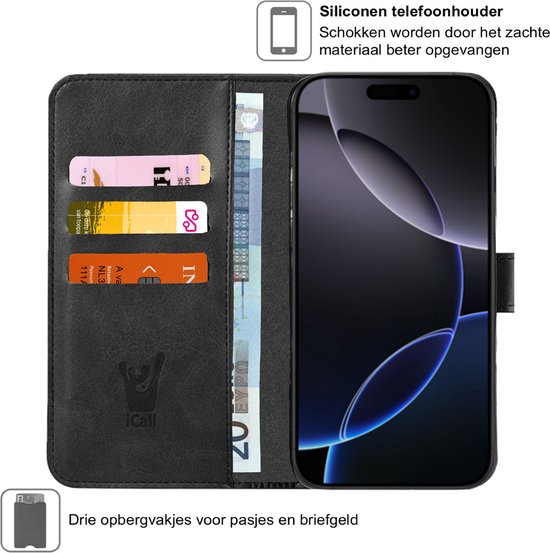 Hoesje geschikt voor iPhone 16 Pro - Screenprotector Glas & Camera - Portemonnee Book Case Zwart