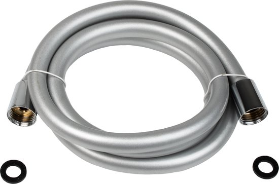 Zilverkleurige kunststof doucheslang, 150 cm, met twee zwarte ringen.