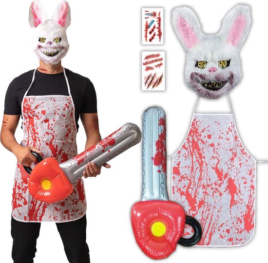 Halloween Kostuum Volwassenen - Halloween Masker Set - Horror Konijn - Halloween Masker + Bloederige Schorten +Tatoeagesticker + Opblaasbare Kettingzaag- 5 Delig - One Size