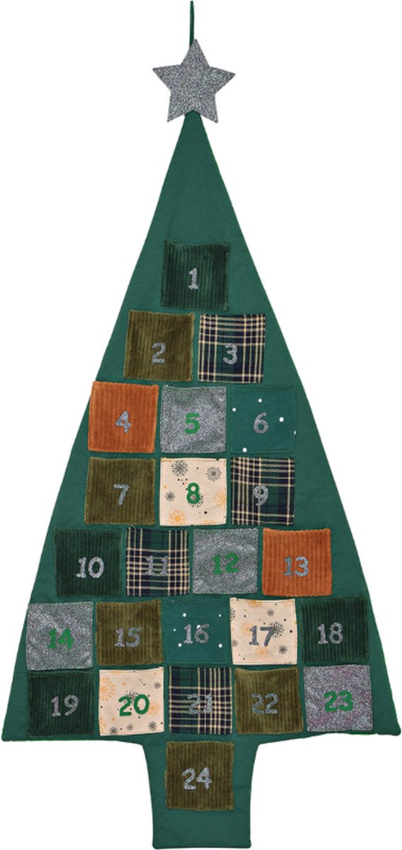 Adventskalender met kerstboomontwerp van textiel om zelf te vullen en op te hangen. Tijdloos design.