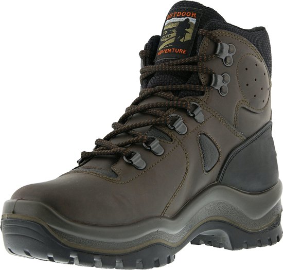 Bruine leren wandelschoen met zwarte veters en zool, met logo.