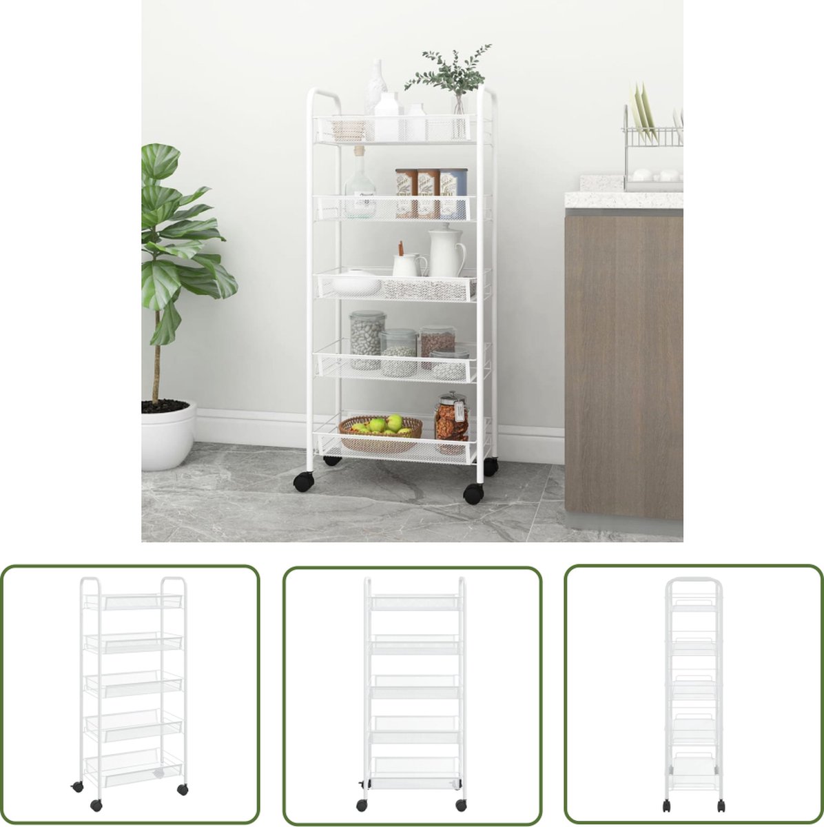 The Living Store Trolley Huishoudelijk - 46x26x105 cm - IJzer - Met Wielen en Uitneembare Gaasmanden