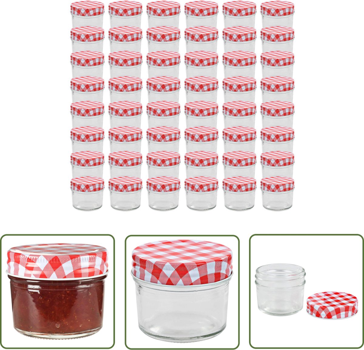 The Living Store Glazen jampotjes - 110 ml - Ideaal voor chutney - jam - augurken - Doorzichtig glas - Brede opening - Rood-witte deksel - 48 stuks