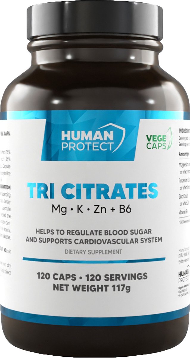 Goedkoopste Human Protect - Tri Citrates - 120 caps - 120 doseringen - Magnesium Citrate - Magnesium Citraat - Potassium Citrate - Potassium Citraat - Zinc Citrate - Zink Citraat - Vitamine B6