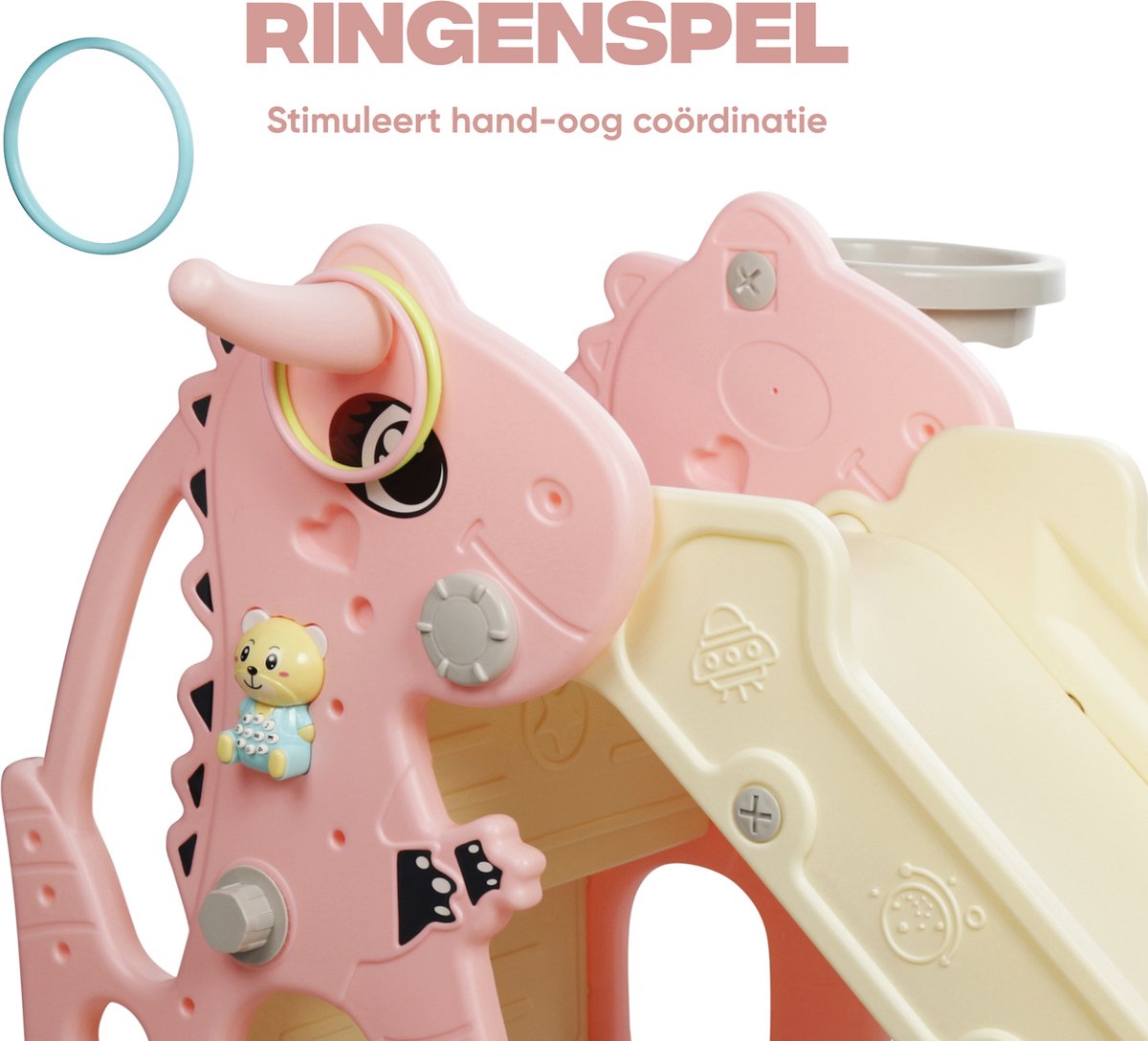 Rockerz Premium Glijbaan - Voor binnen en buiten - Speelplezier gegarandeerd - Opvouwbaar - Veilige dichte trap - Ringen spel - Basketbal ring (inclusief bal) - Muziek beertje - Kleur: Roze — afbeelding 15