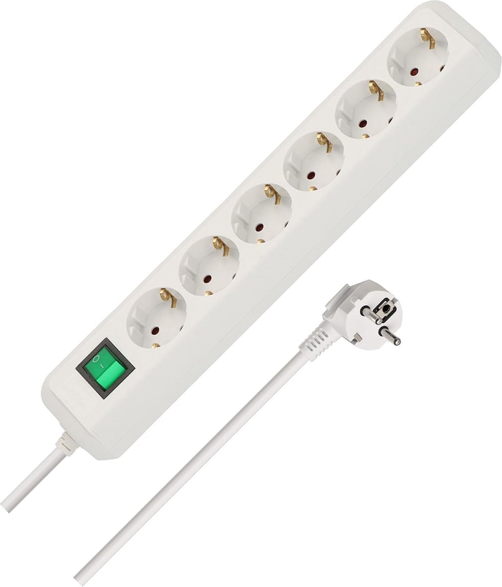 StayPowered 6-voudige Stekkerdoos - Veilig en Efficiënt Apparaten Aansluiten - Kinderbeveiliging - Verlichte Schakelaar - 45° Veiligheidscontacten - 1,5 m Kabel - Geschikt voor Haakse Stekkers - Wit - Levering Sneller dan Aangegeven!
