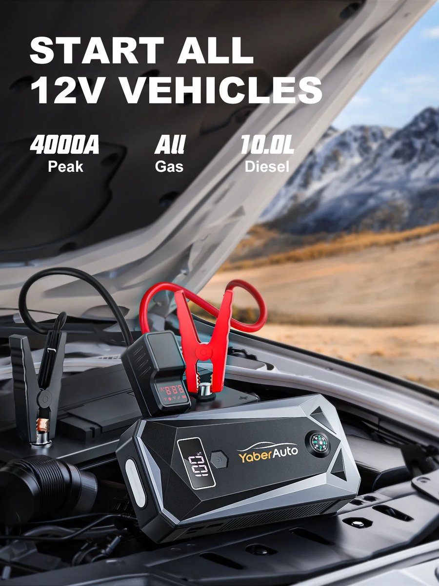 YaberAuto Power Bank Jump Starter, 2000A Piekstroom Voor 7.0L Benzine of 5.5L Diesel, Met LED Zaklamp, 12V Auto Starter, YA80